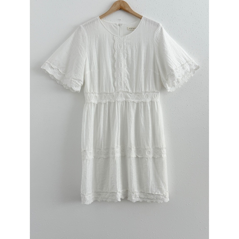 Pando Grove White Flutter Sleeve Crinkle Crochet Boho Cottagecore Midi Dress L